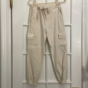 Cream Cotton Drawstring Cargo Jogger Style Pants